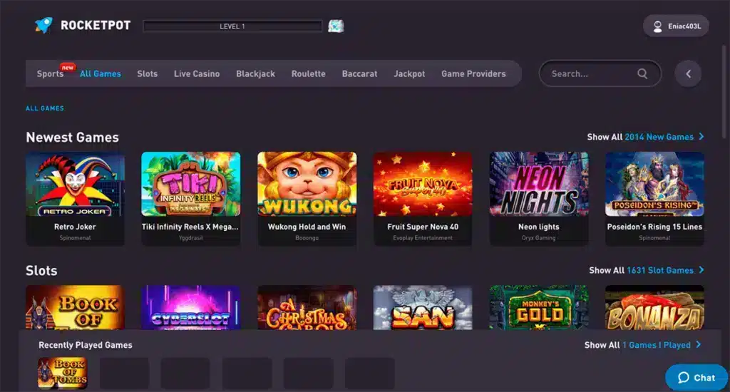 Rocketpot Casino website screenshot