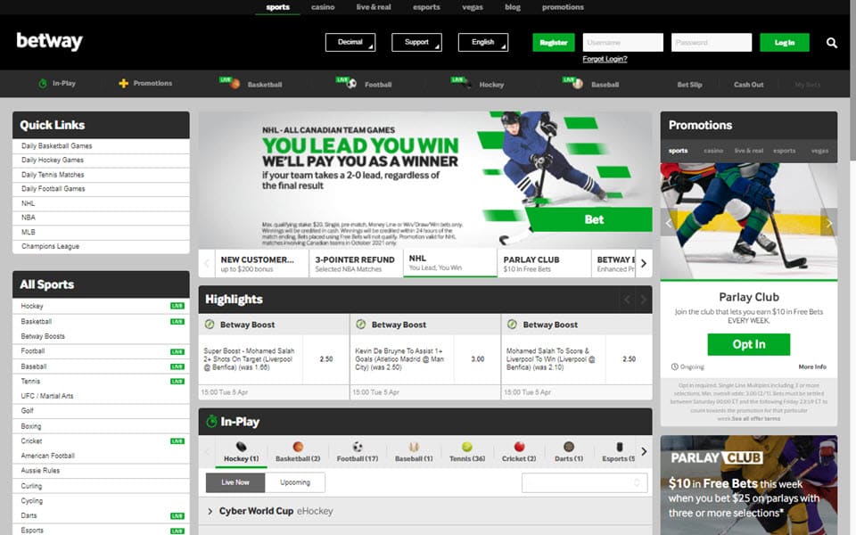 Betway Sportsbook website screenshot