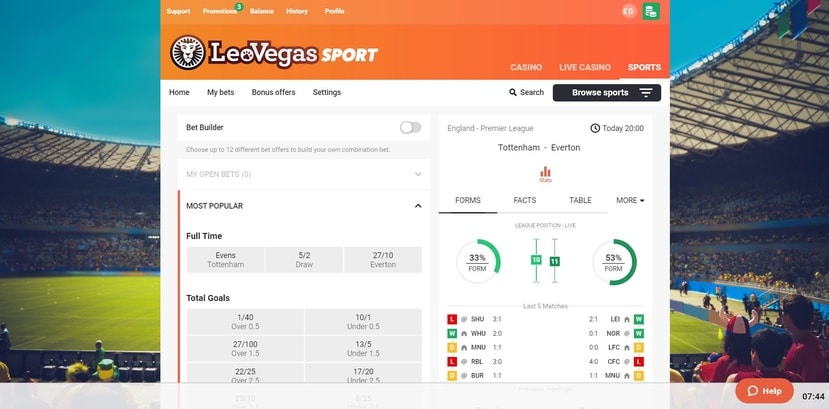LeoVegas Sports website screenshot