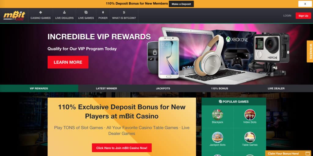 mBit Casino website VIP program screenshot