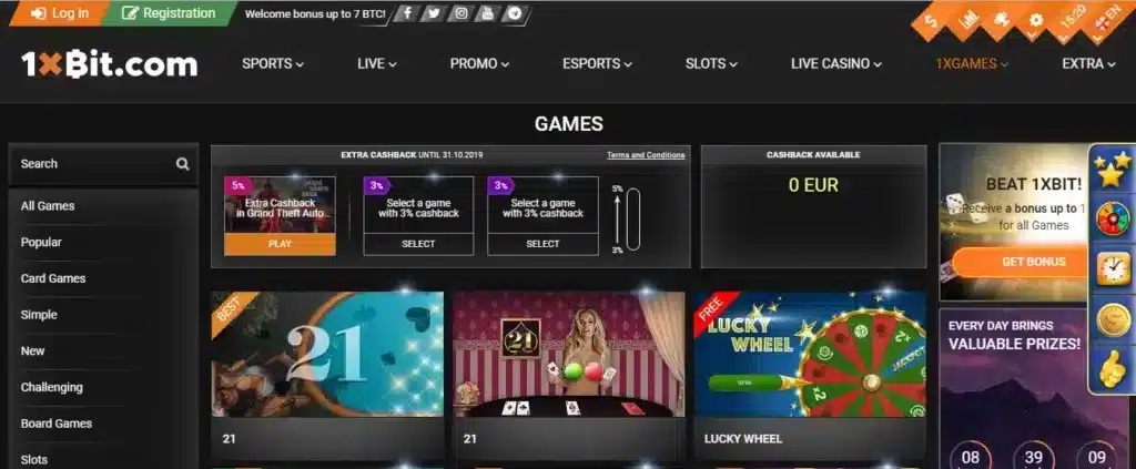 1xBit Casino website screenshot
