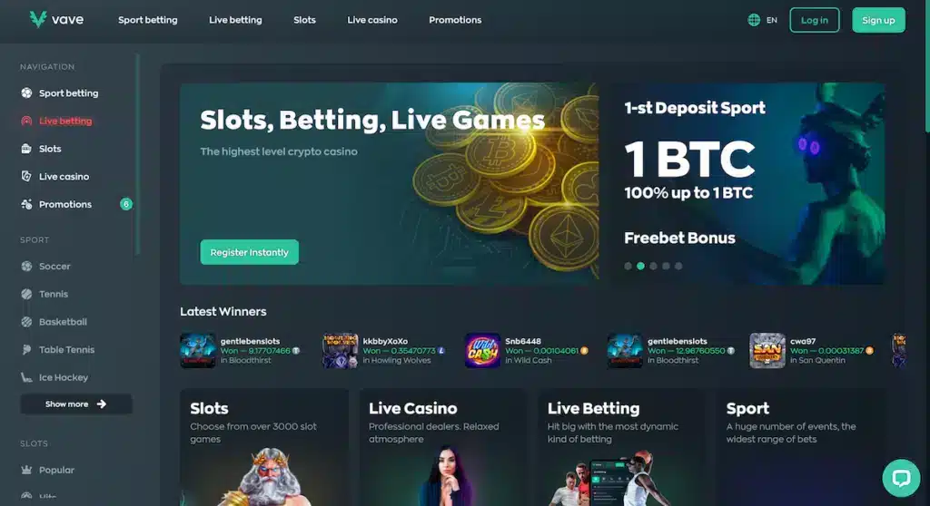 Vave Casino website screenshot