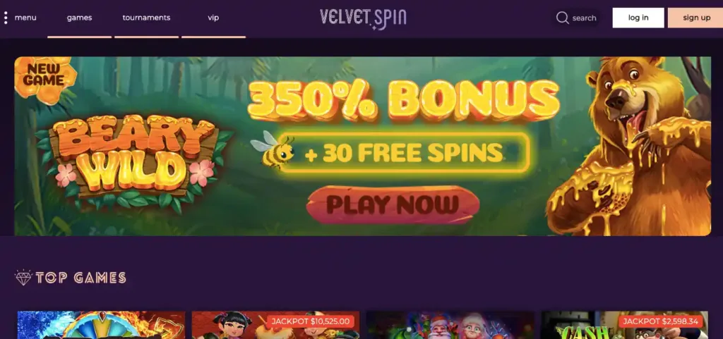 Velvet Spin casino review - home page of website 