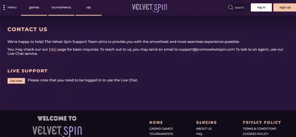 Velvet Spin casino review: customer support